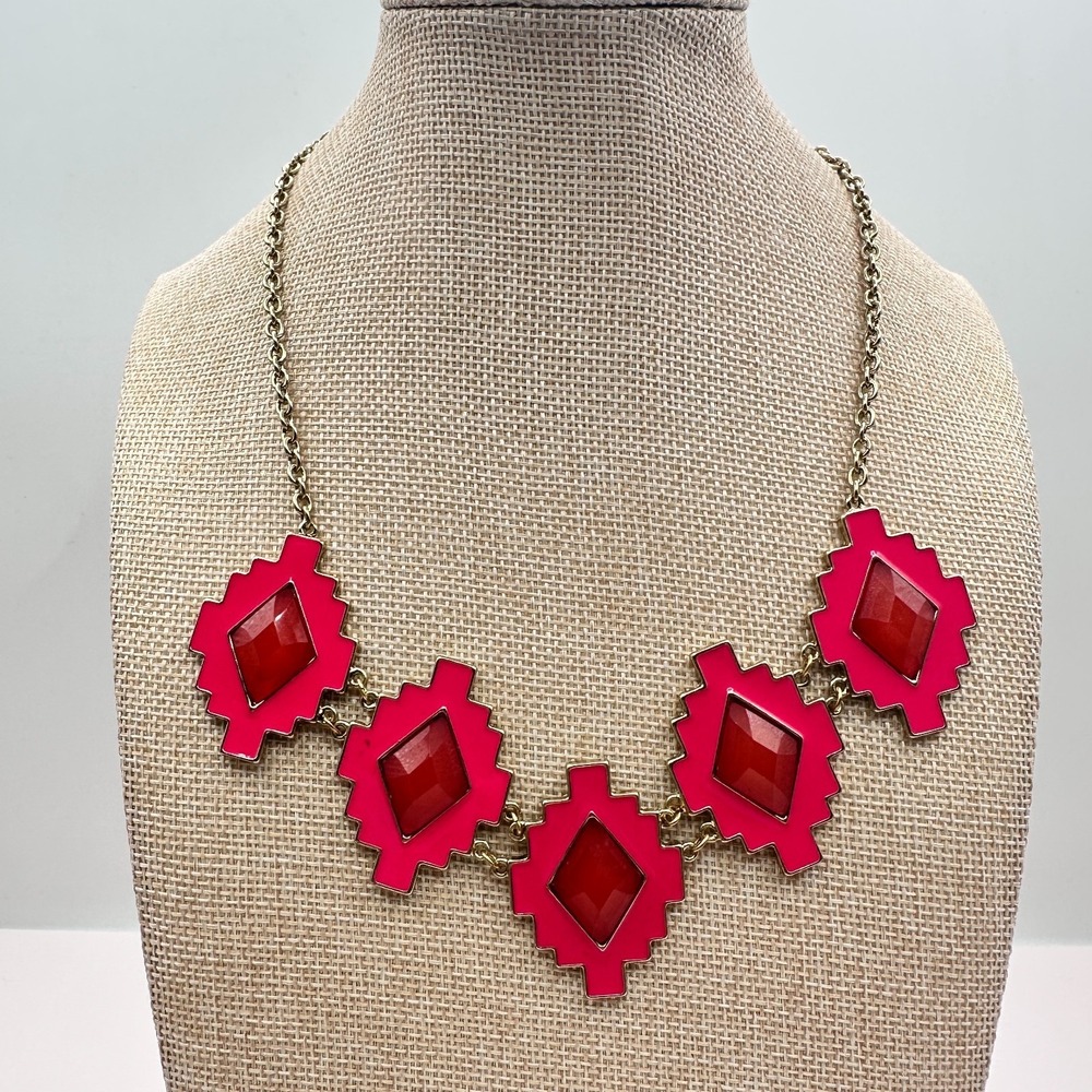 Vintage Y2K Pink Enamel Frames Red Glass Statement Necklace Gold Tone Jewelry - Picture 5 of 7